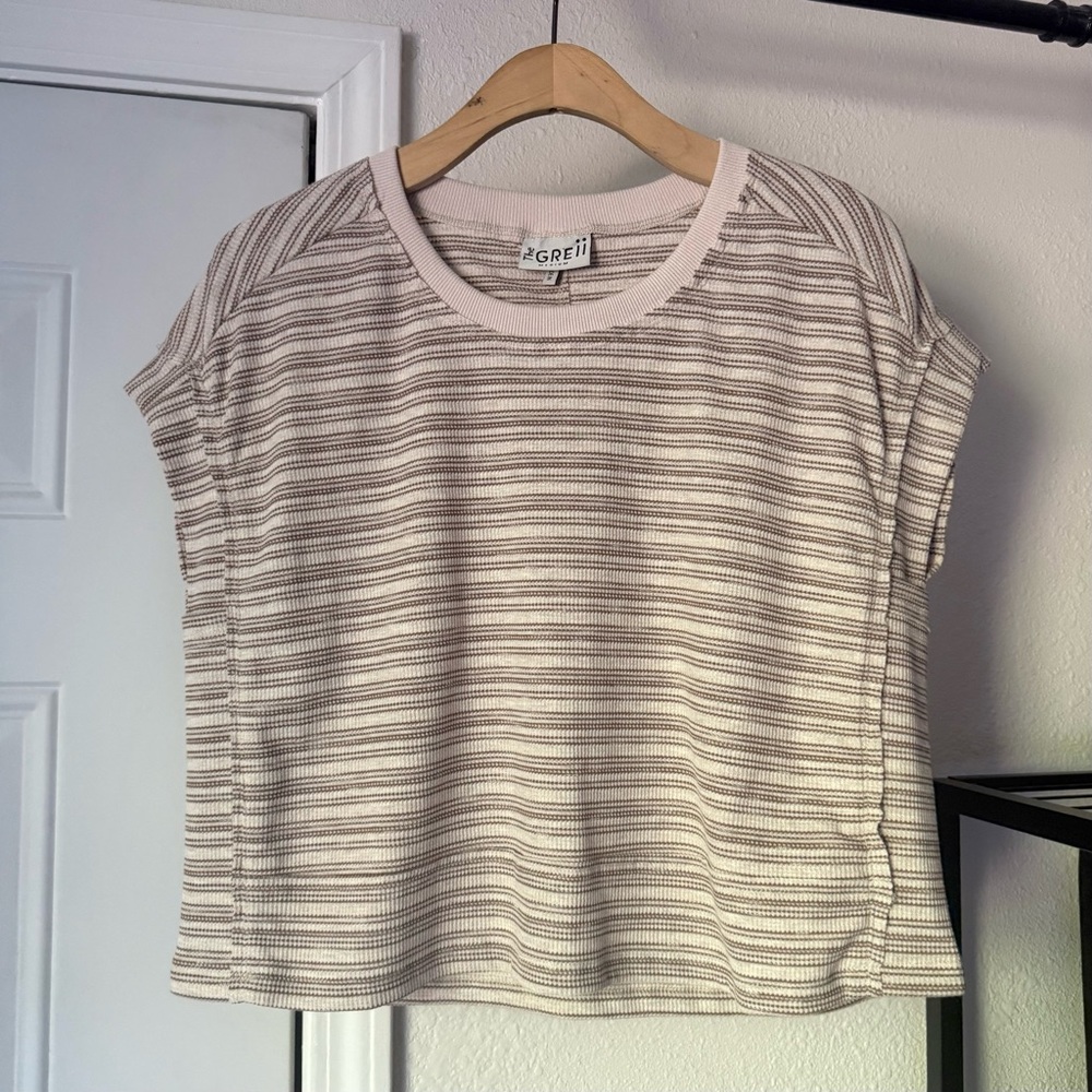 THE GREII cream tan striped cotton short sleeve boxy cropped knit tee top